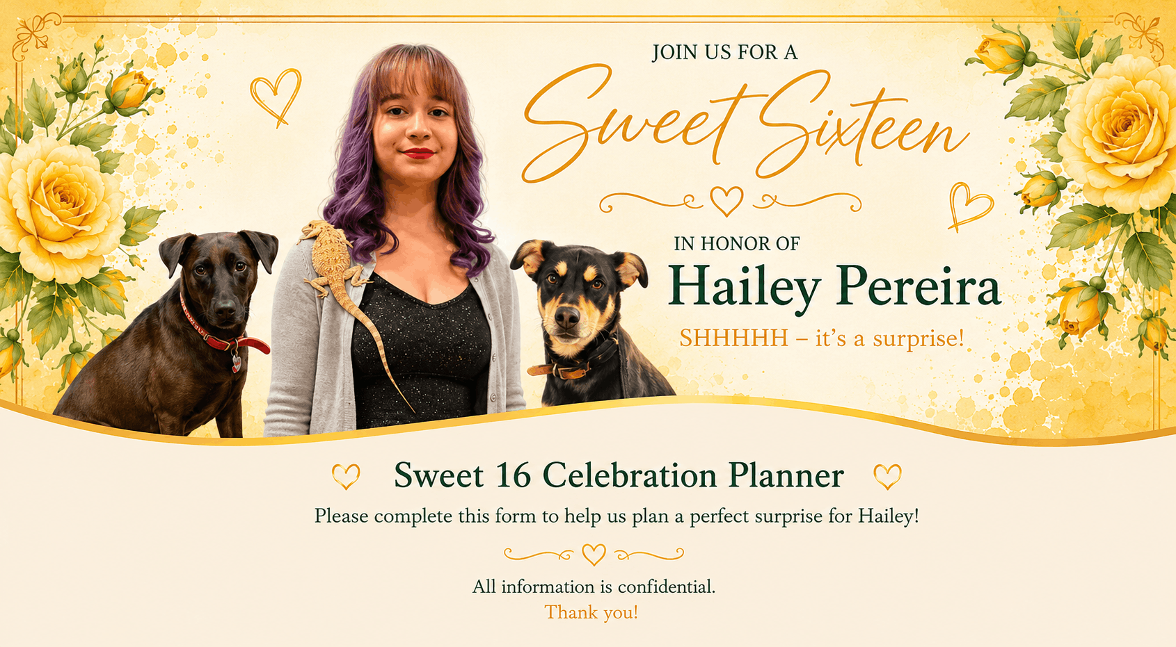 Hailey Pereira surrounded by yellow roses with her two dogs and bearded dragon, celebrating her Sweet Sixteen